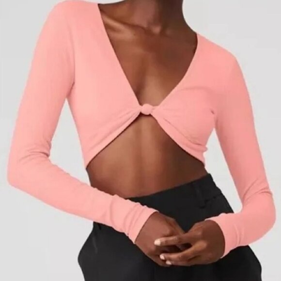 ALO yoga Ribbed Knotty Long Sleeve Size XS Pink Lemonade, NWOT - Picture 2 of 5
